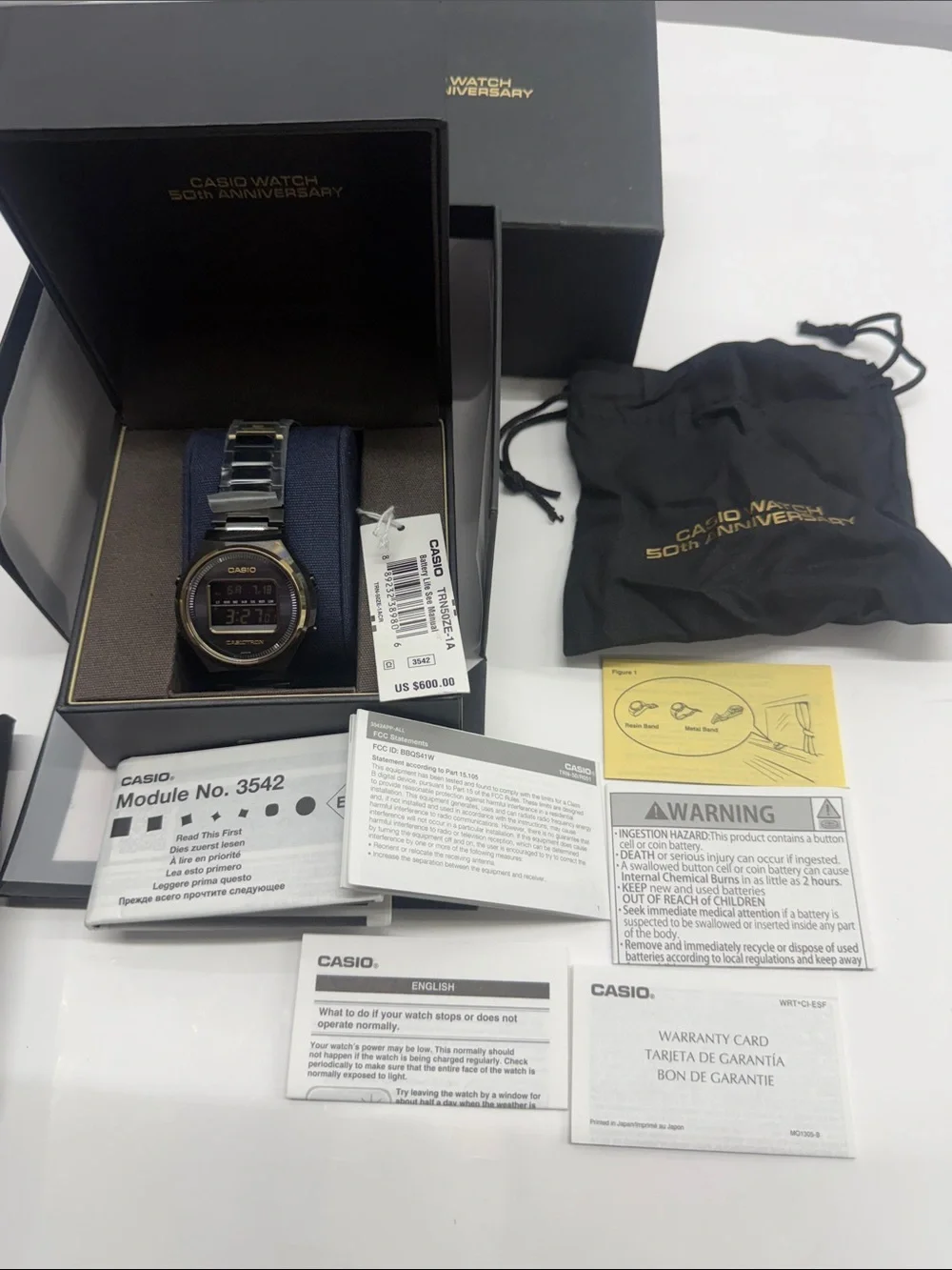 Casio Digital Watch in Black and Gold with Metal Bracelet 50th Anniversary